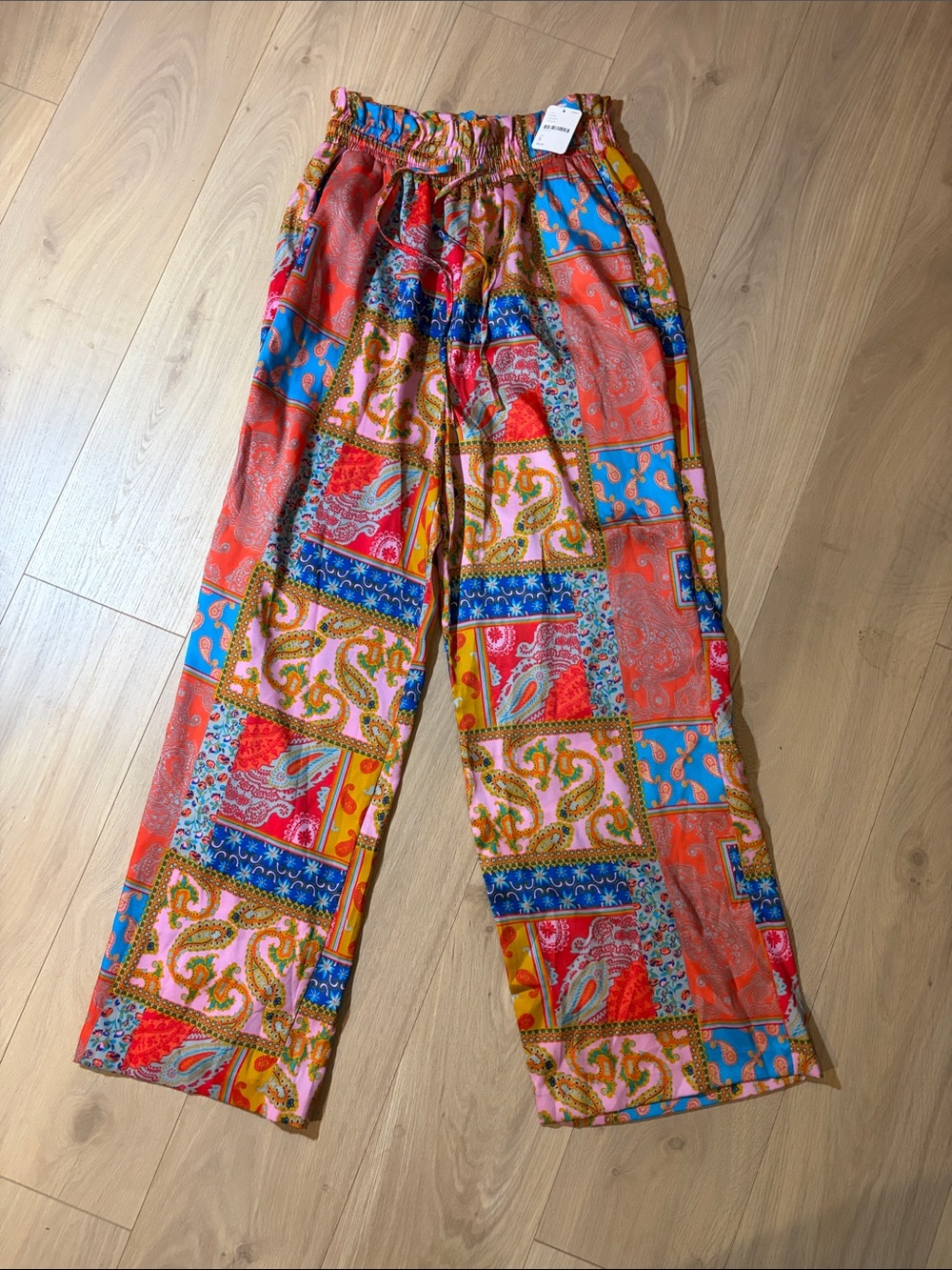 Anthropologie Multicolor Patchwork Wide-Leg Pants — Orange, Blue, Pink, Yellow